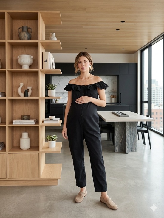 The Nines by HATCH Pants - The Nines by HATCH Black Ruffle-Neck Jumpsuit